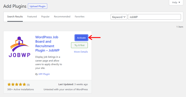 Activate the free jobwp plugin