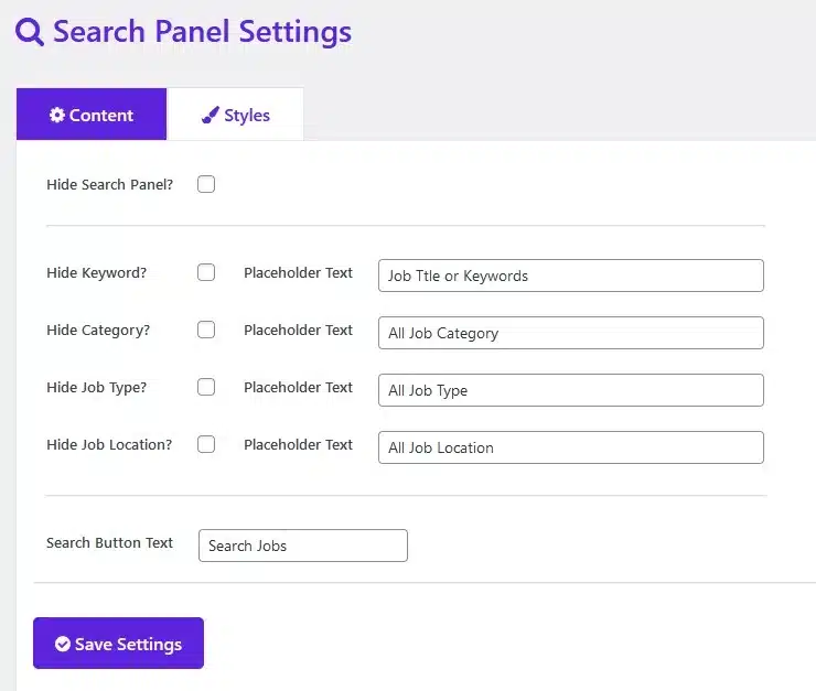 Jobwp search panel settings