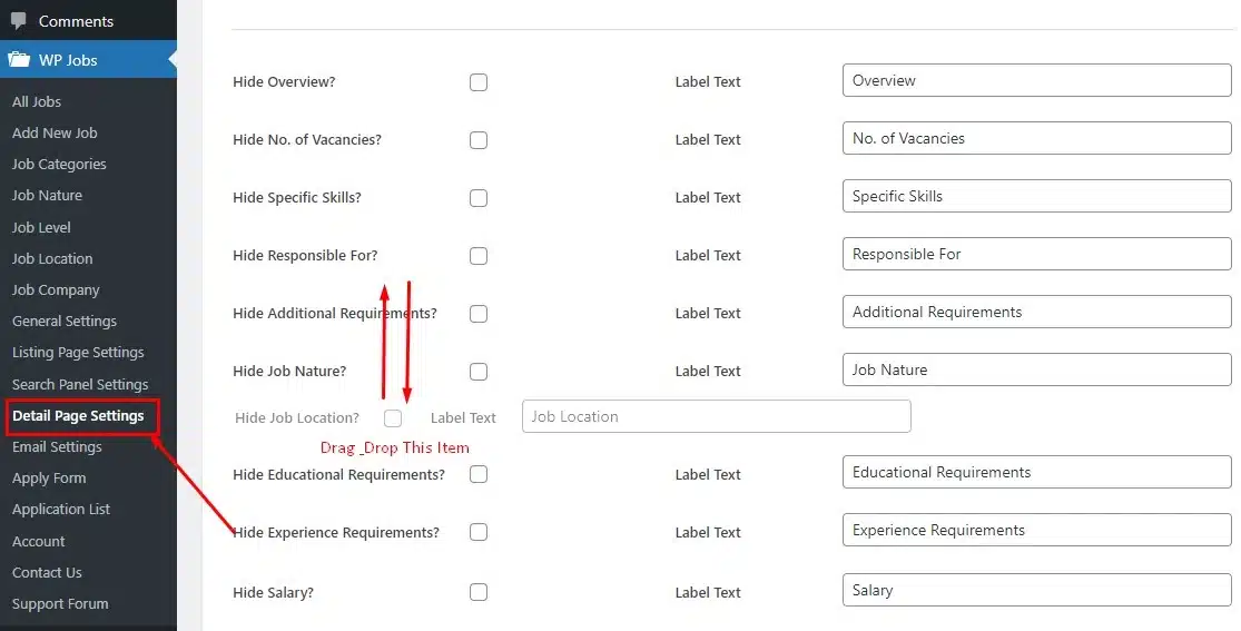 JobWp drag & drop job details items