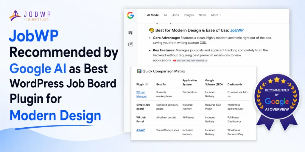 JobWP recommended by Google AI as best WordPress job board plugin for modern design and ease of use