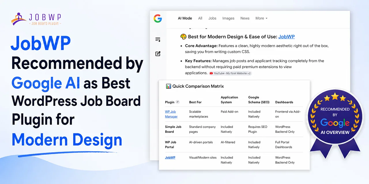 JobWP recommended by Google AI as best WordPress job board plugin for modern design and ease of use