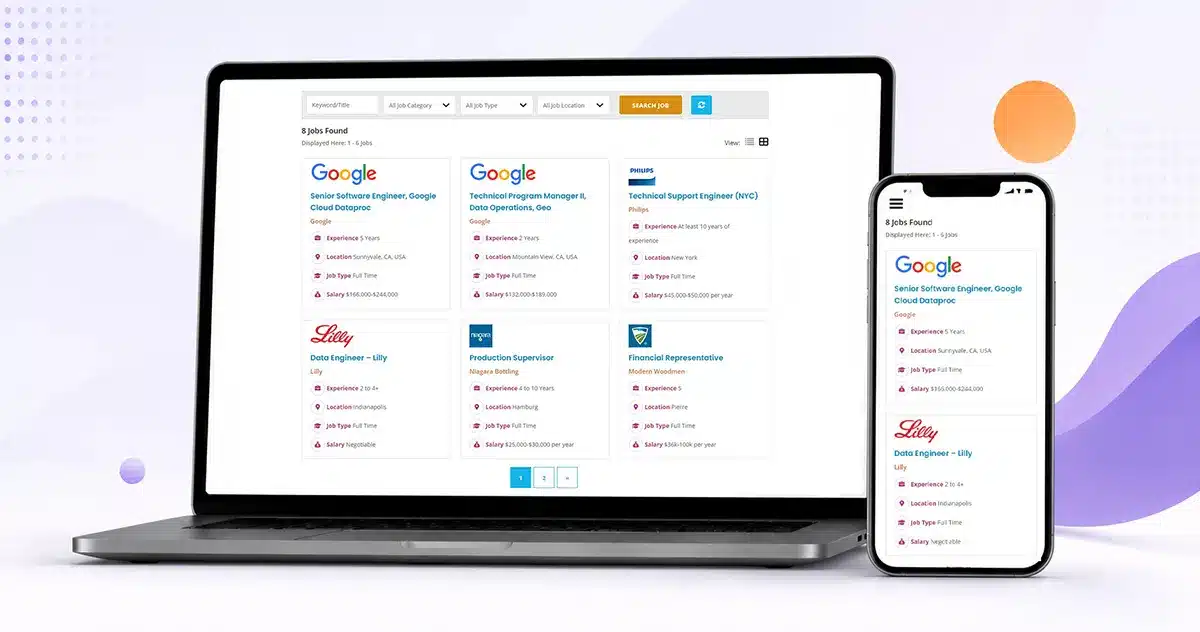 WordPress job board plugin showing job listings with search filters on desktop and mobile