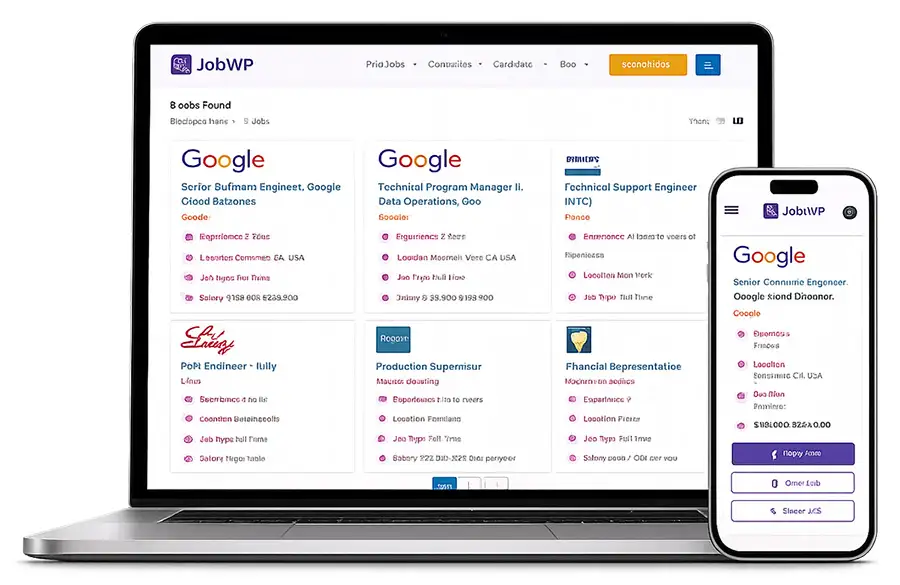 WordPress job board plugin showing a responsive job listing page on desktop and mobile