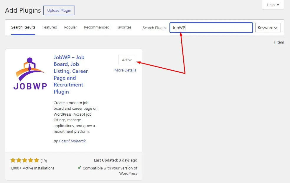 WordPress job board plugin free installation in the dashboard