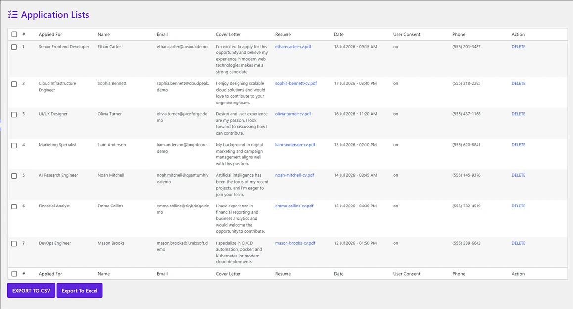 JobWP WordPress job board plugin built-in application management panel showing applicant list with CV downloads and CSV export