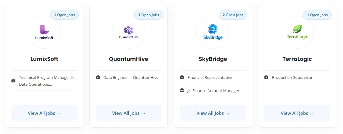JobWP Pro company directory showing client companies with logos and open job count on a WordPress job board