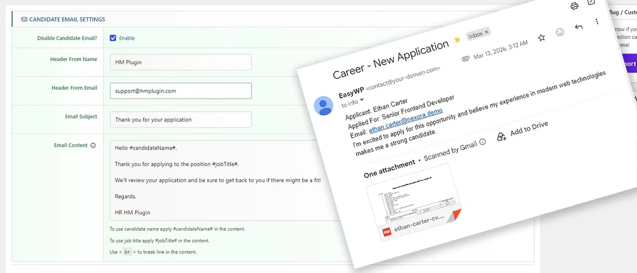 JobWP WordPress job board plugin email settings panel and admin notification email received in Gmail showing applicant details and CV attachment