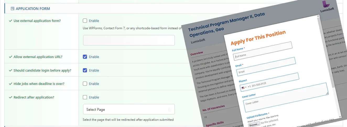 JobWP WordPress job board plugin flexible application options showing built-in form, WPForms integration, external URL and login-required settings