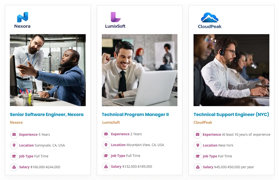 JobWP Pro grid view showing job cards with featured images and company logos on a WordPress job board