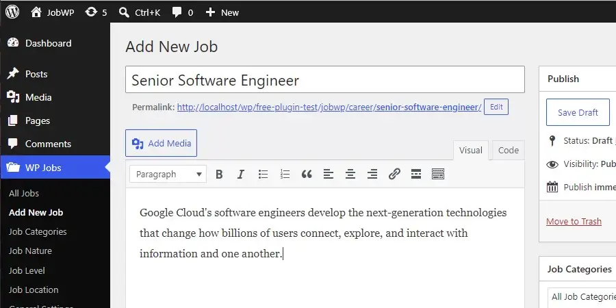 WordPress job board plugin create a new job
