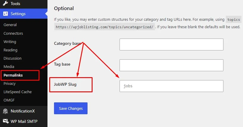 JobWP slug setting in WordPress permalink settings page