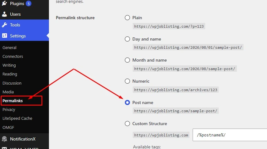 WordPress permalink settings showing Post name structure recommended for JobWP